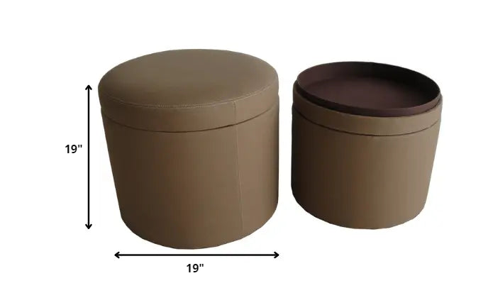 1" Tan Faux Leather Round Storage - NOVA - HOME - FURNITURE