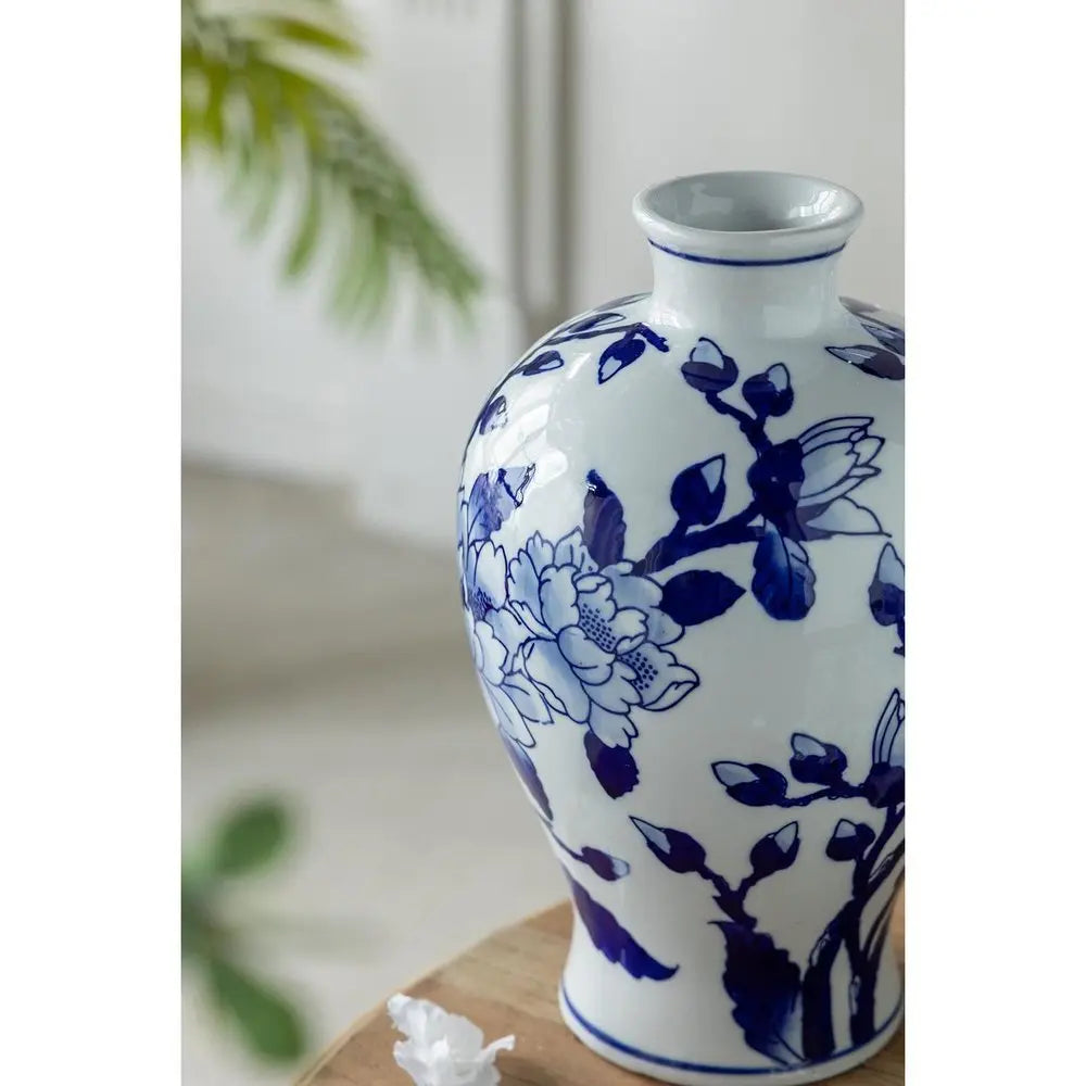 10" Blue And White Floral Round Porcelain Table Vase - NOBLE HOME INTERIORS