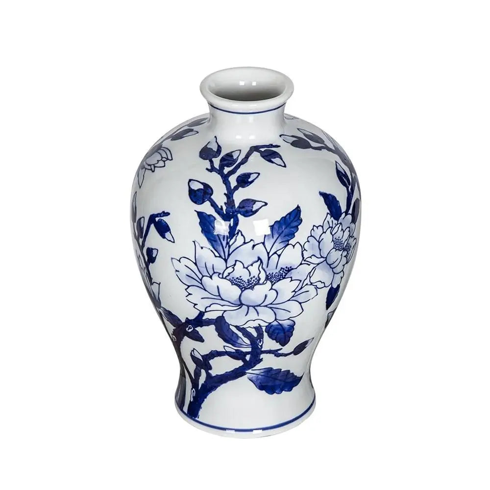 10" Blue And White Floral Round Porcelain Table Vase - NOBLE HOME INTERIORS