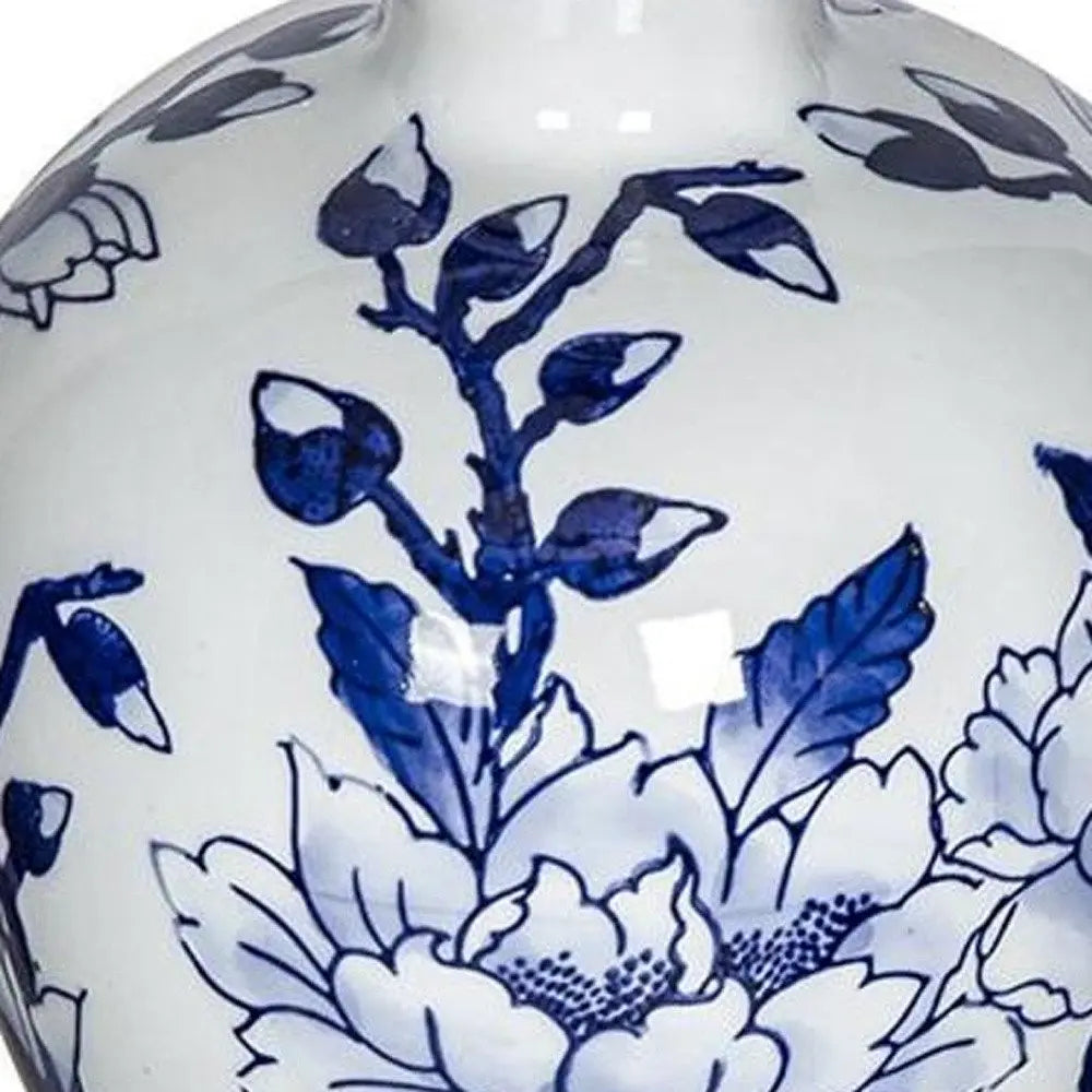 10" Blue And White Floral Round Porcelain Table Vase - NOBLE HOME INTERIORS