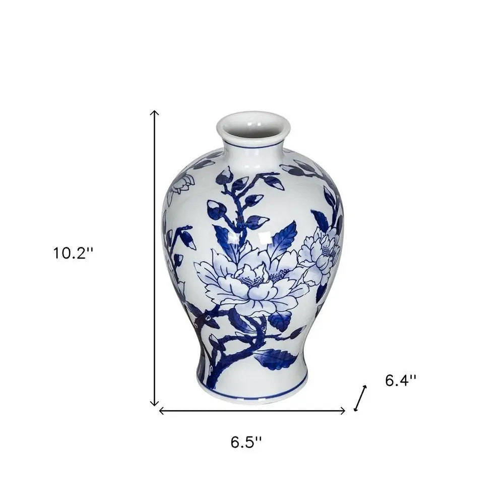 10" Blue And White Floral Round Porcelain Table Vase - NOBLE HOME INTERIORS