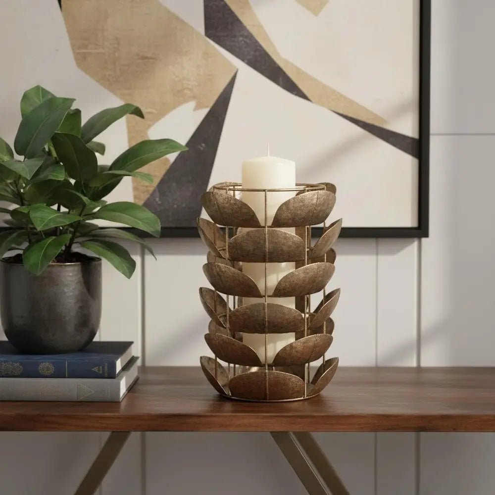 10" Bronze Distressed Botanical Leaf Metal Tabletop Hurricane Candle Holder HomeRoots