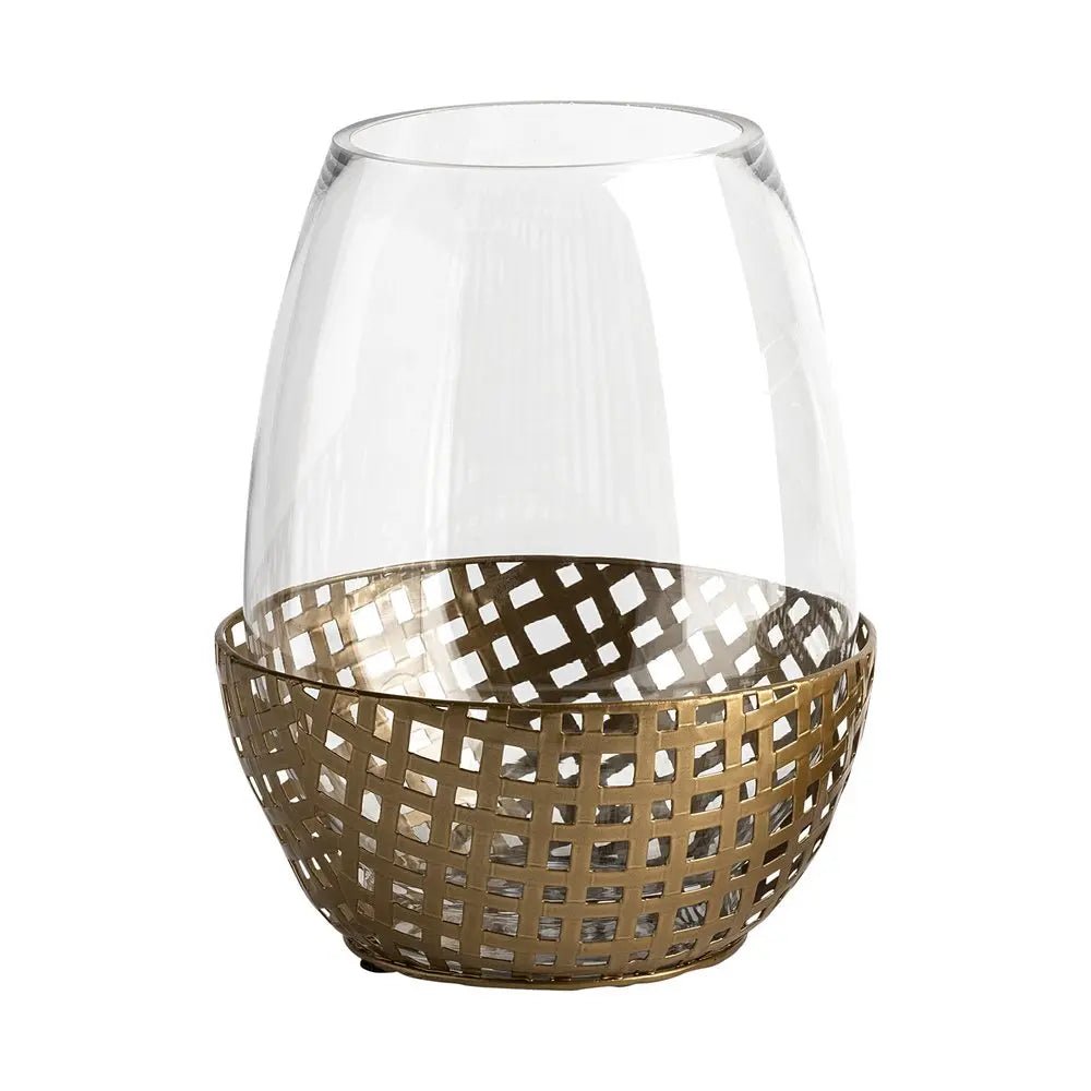 10" Gold And Clear Woven Metal And Glass Tabletop Hurricane Candle Holder HomeRoots