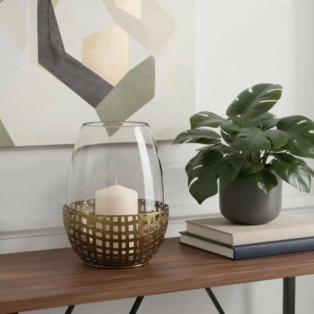 10" Gold And Clear Woven Metal And Glass Tabletop Hurricane Candle Holder HomeRoots