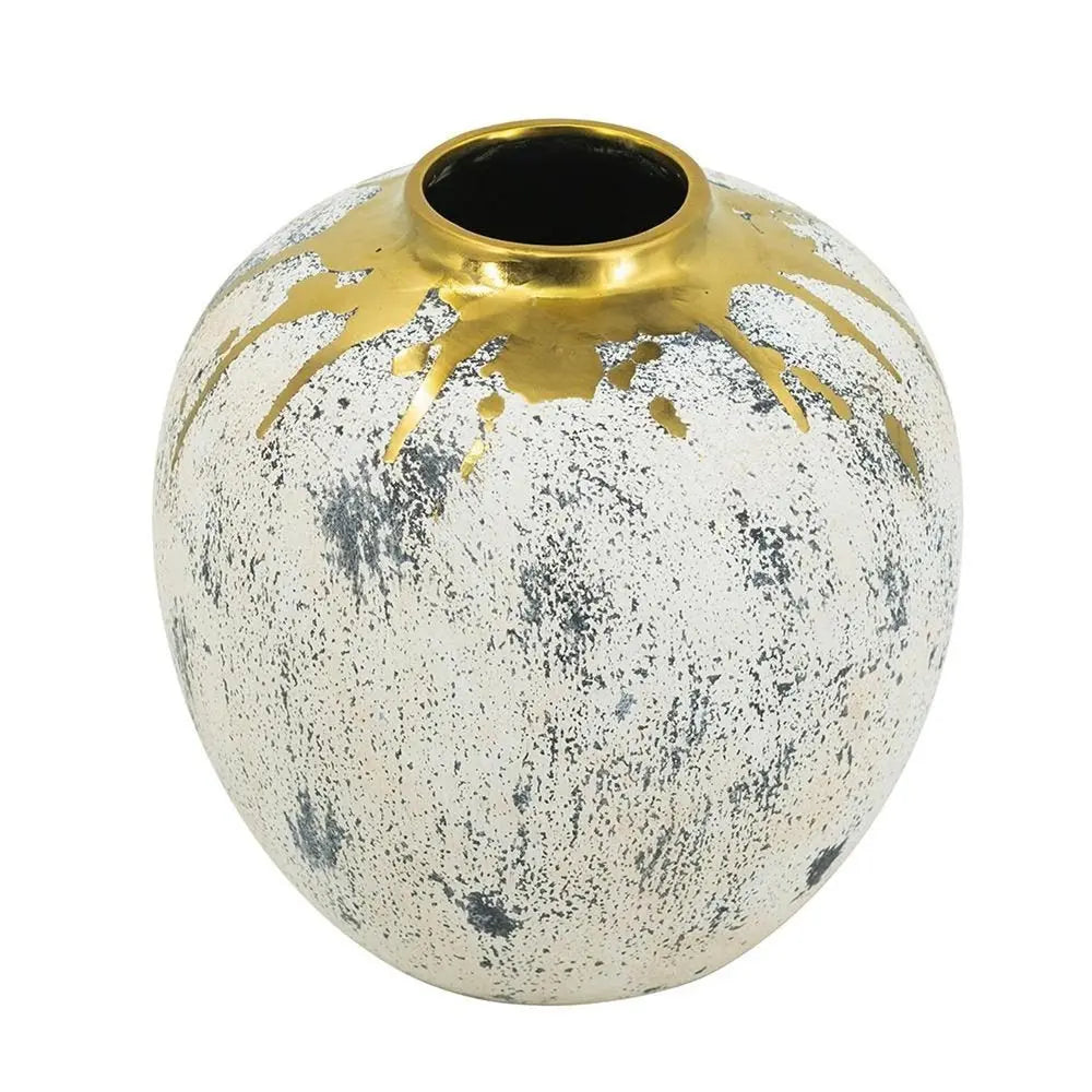 10" Gold Gray And Ivory Abstract Round Ceramic Table Vase - NOBLE HOME INTERIORS