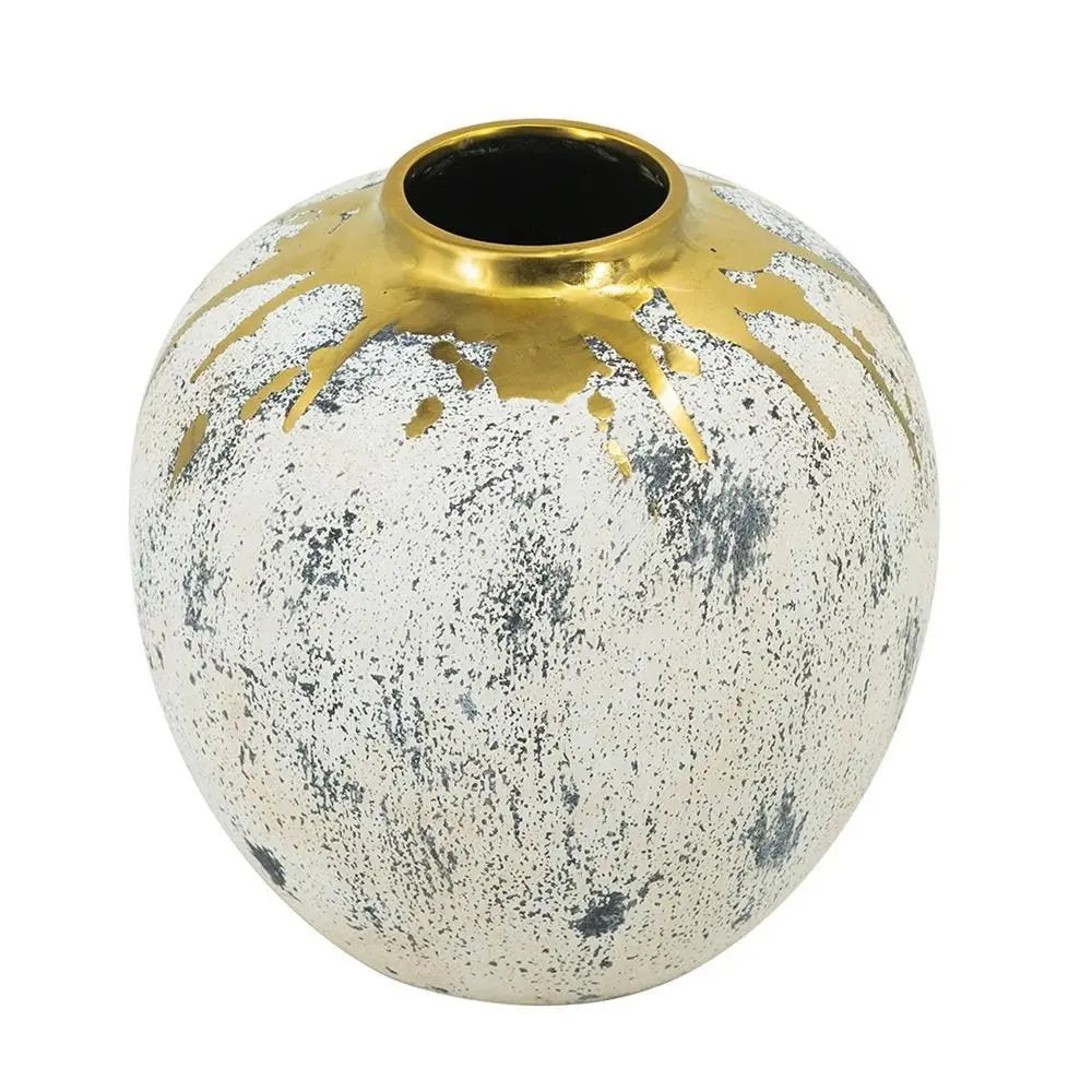 10" Gold Gray And Ivory Abstract Round Ceramic Table Vase - NOBLE HOME INTERIORS