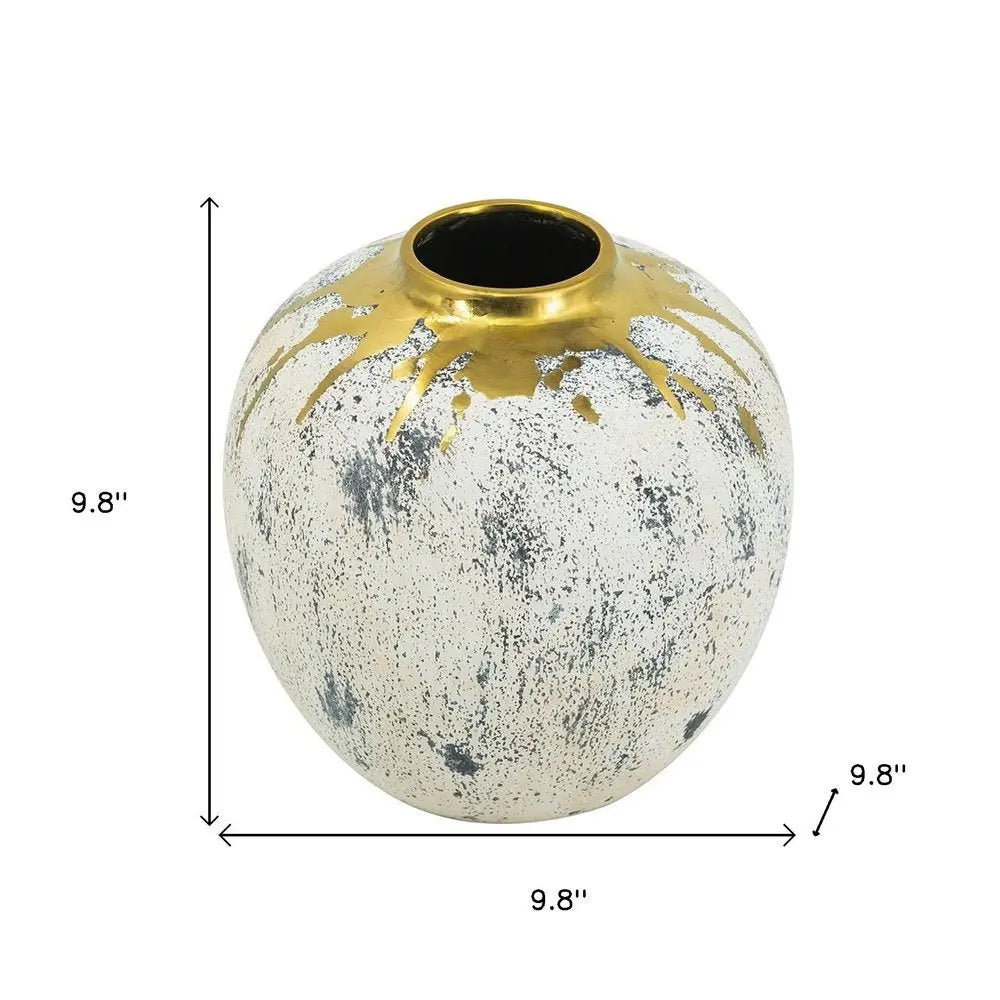 10" Gold Gray And Ivory Abstract Round Ceramic Table Vase - NOBLE HOME INTERIORS