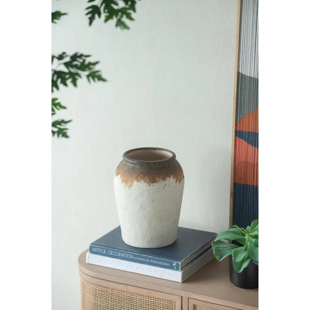 10" Ivory and Brown Ceramic Round Jug Vase - NOBLE HOME INTERIORS