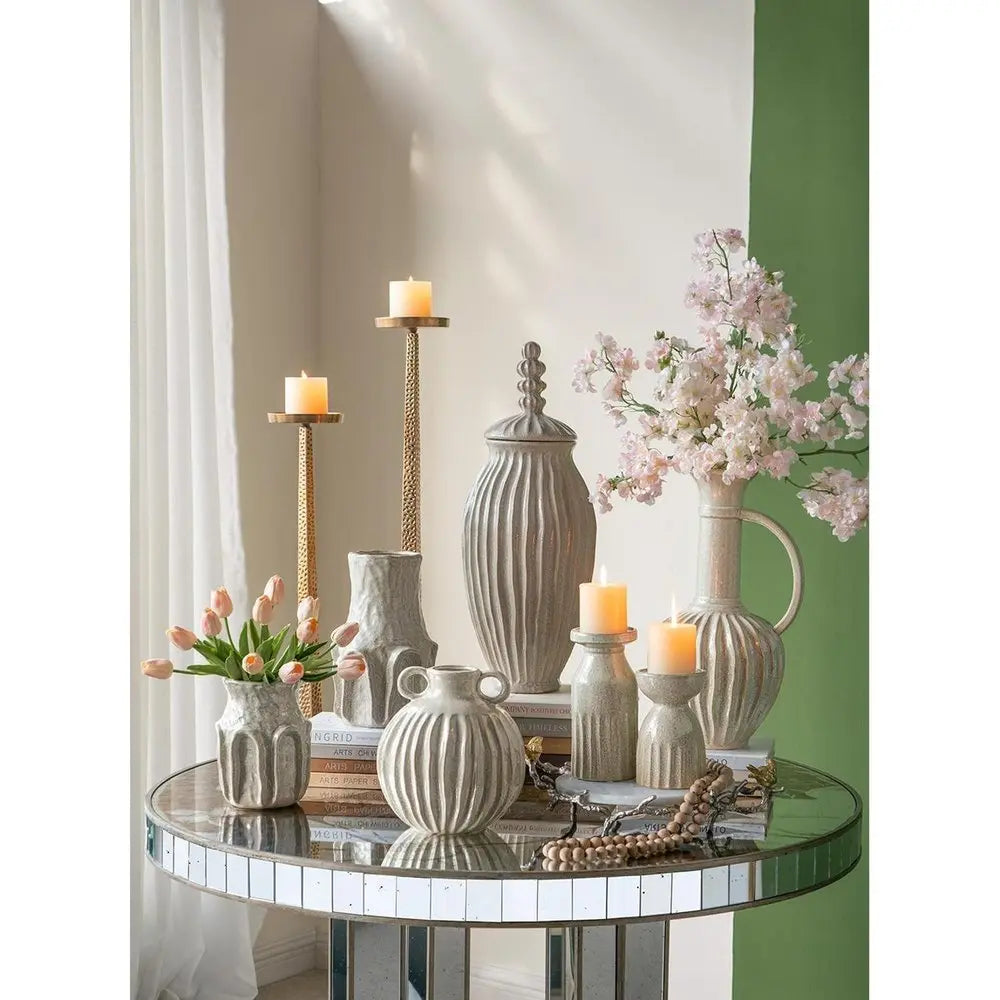 10" Sage And Gray Round With Handles Ceramic Table Vase - NOBLE HOME INTERIORS