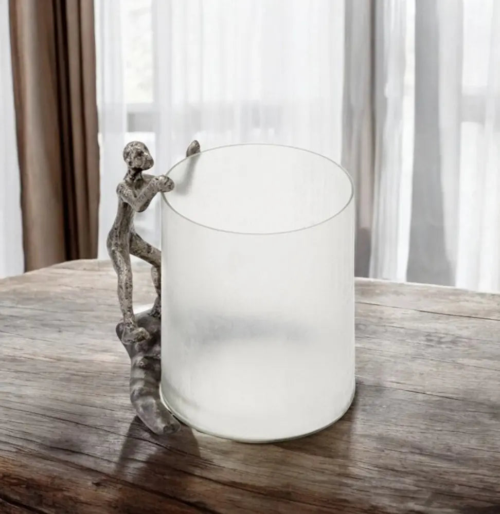 10" Silver And Glass Climbing Man Hurricane Candle Holder - NOBLE HOME INTERIORS