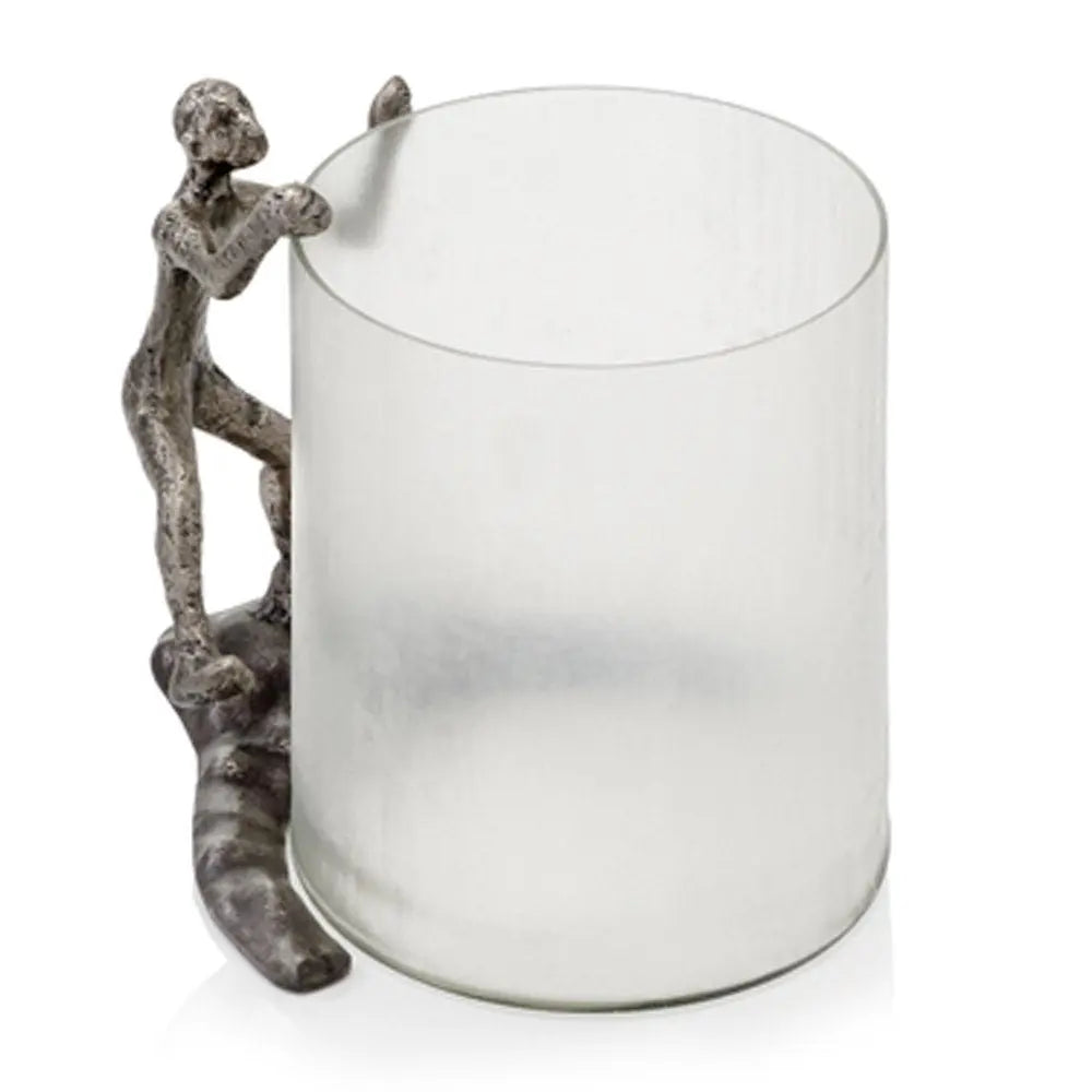 10" Silver And Glass Climbing Man Hurricane Candle Holder - NOBLE HOME INTERIORS