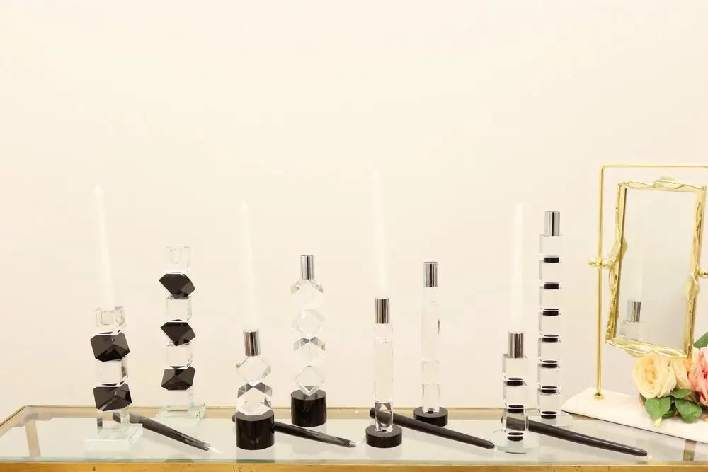 10" Silver Clear And Black Faceted Crystal Tabletop Taper Candlestick - NOBLE HOME INTERIORS