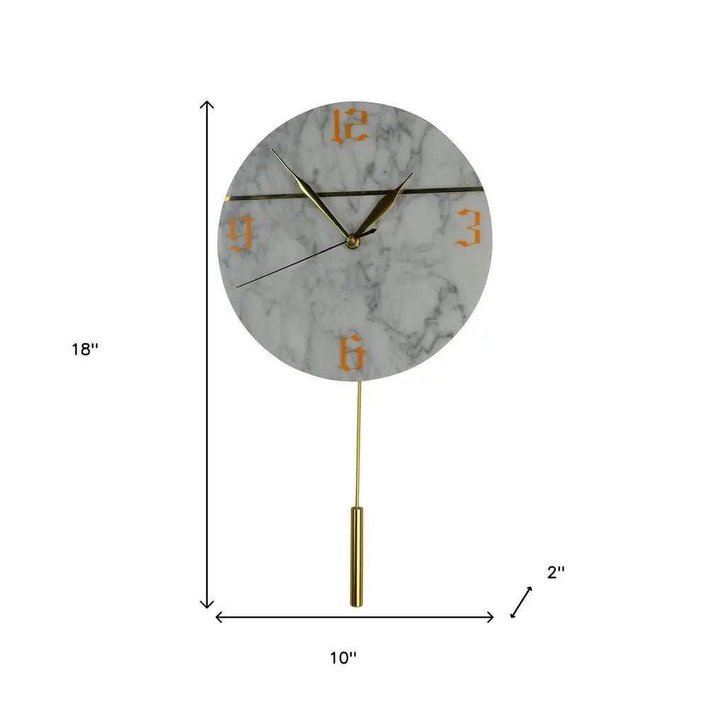 10" White And Gold Marble Silent Pendulum Marble Round Wall Clock HomeRoots