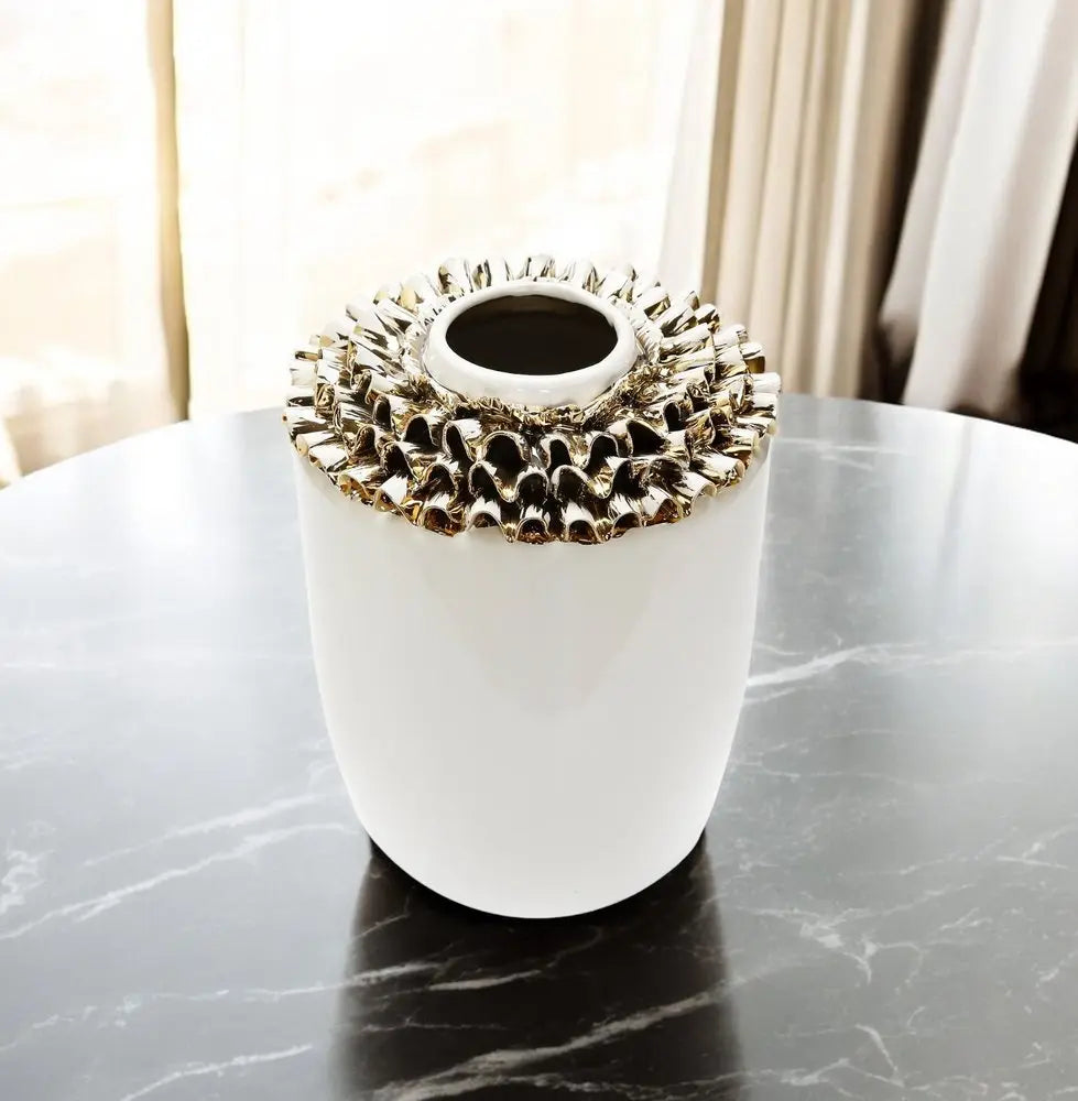 10" White Round Ceramic Table Vase With Sculptural Details - NOBLE HOME INTERIORS