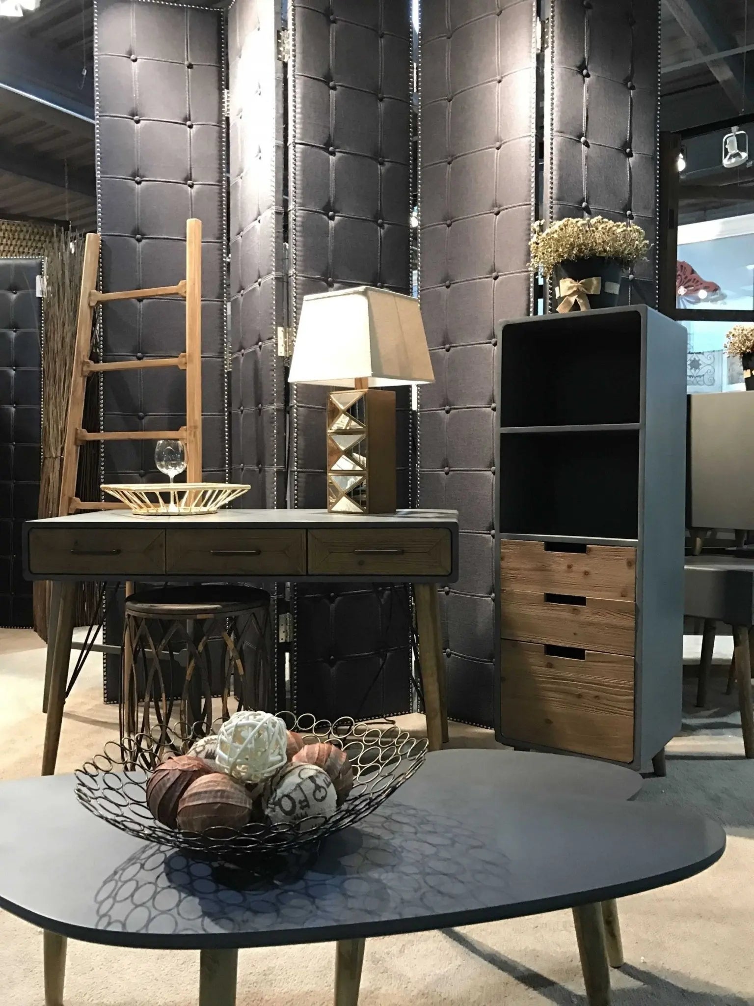 108" Gray Fabric And Wood Folding Five Panel Screen Room Divider - NOBLE HOME INTERIORS