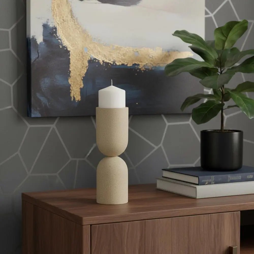 11" Beige Metal Tabletop Pillar Candle Holder HomeRoots