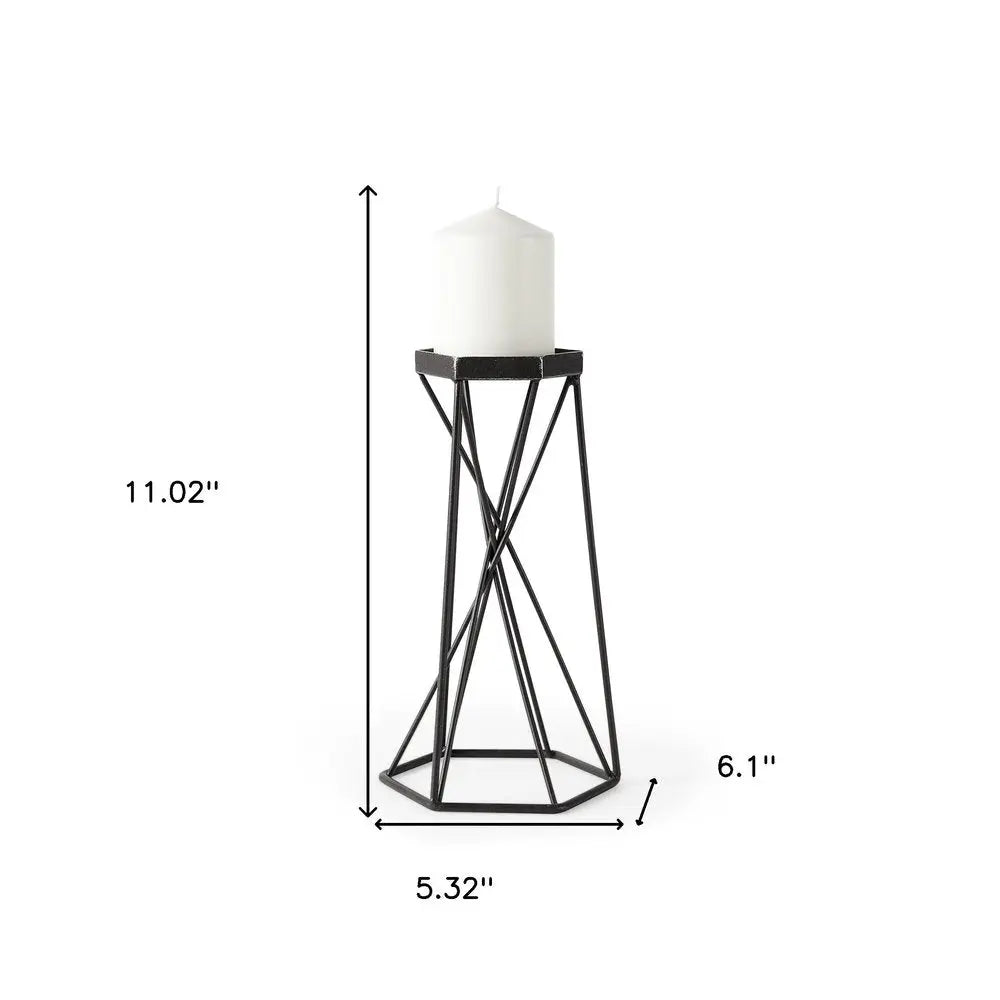 11" Black Distressed Geometric Metal Tabletop Pillar Candle Holder HomeRoots