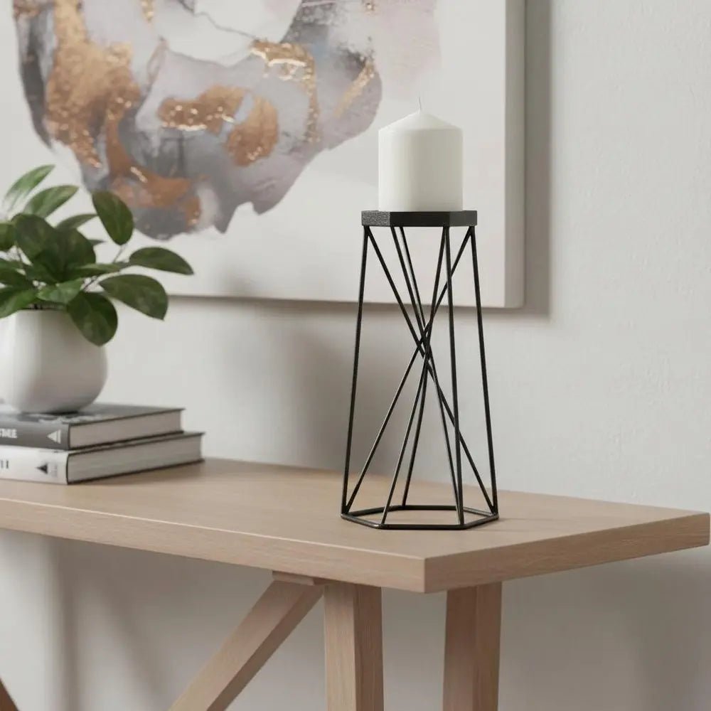 11" Black Distressed Geometric Metal Tabletop Pillar Candle Holder HomeRoots
