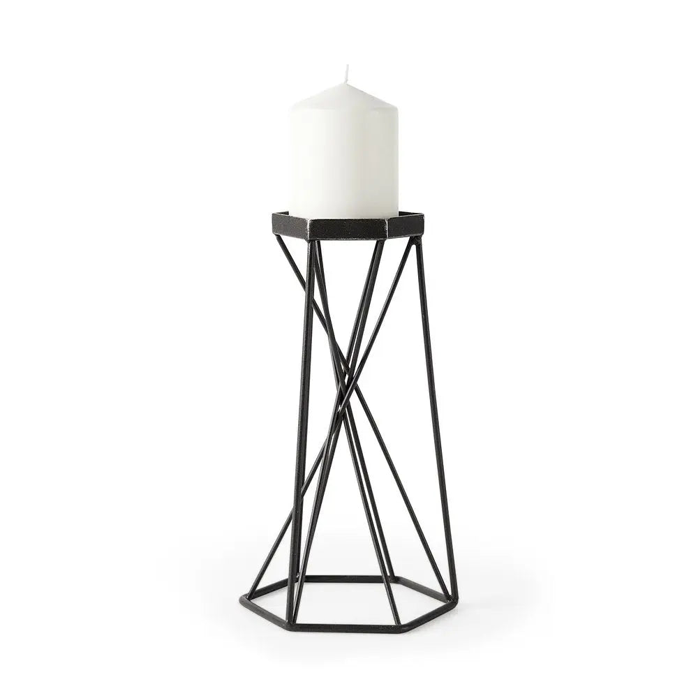 11" Black Distressed Geometric Metal Tabletop Pillar Candle Holder HomeRoots