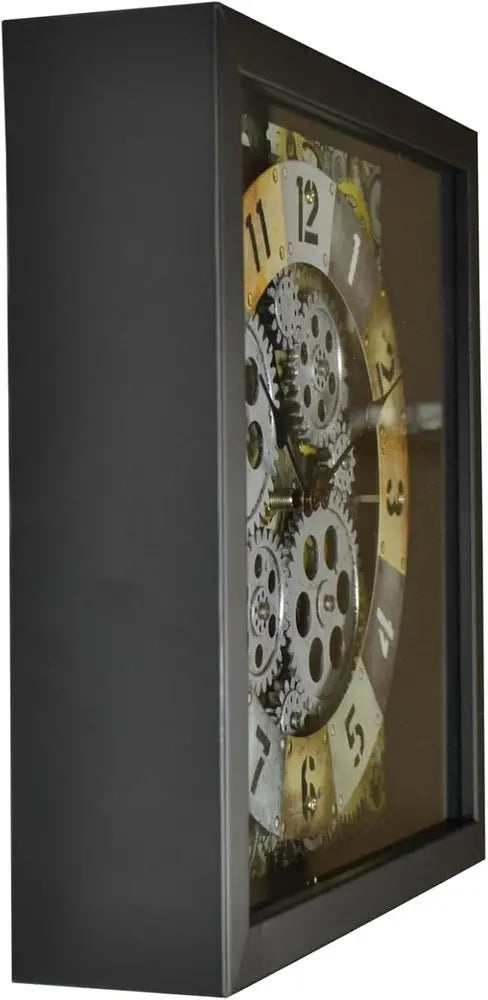 11" Black Gold And Silver Metal Silent Skeleton Distressed Exposed Gear Square Wall Clock - NOBLE HOME INTERIORS