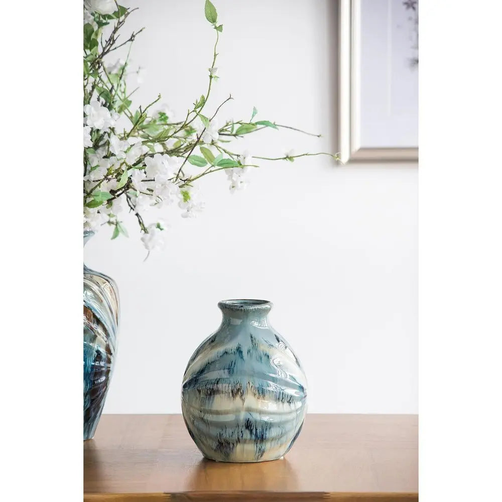 11" Blue Beige And Brown Abstract Round Ceramic Table Vase - NOBLE HOME INTERIORS