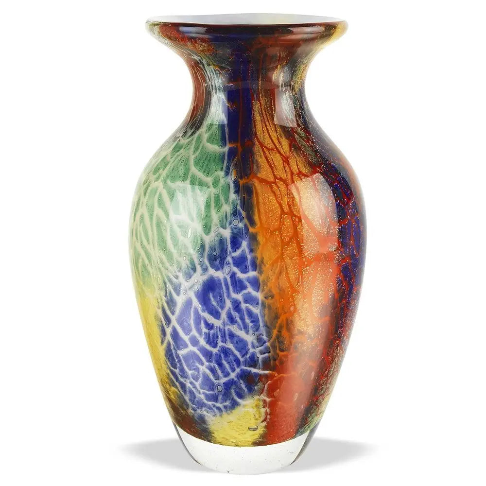 11" Blue Green And Orange Urn Murano Glass Table Vase - NOBLE HOME INTERIORS