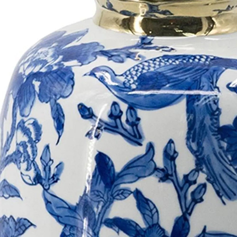 11" Blue White And Gold Chinoiserie Floral Porcelain Table Vase - NOBLE HOME INTERIORS