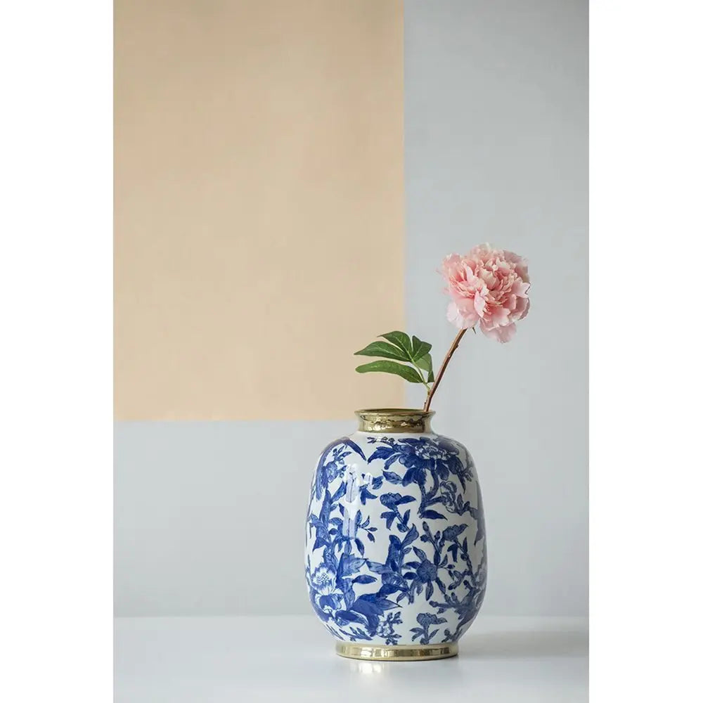 11" Blue White And Gold Chinoiserie Floral Porcelain Table Vase - NOBLE HOME INTERIORS