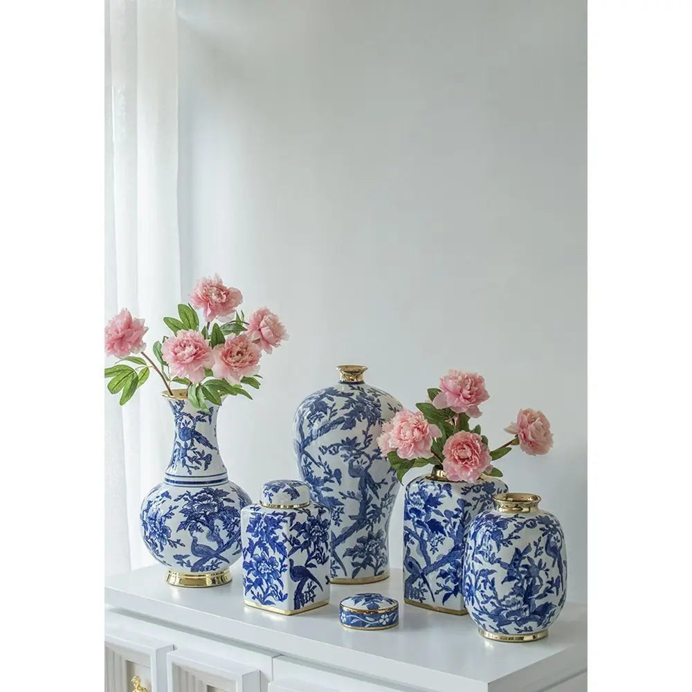 11" Blue White And Gold Chinoiserie Floral Porcelain Table Vase - NOBLE HOME INTERIORS
