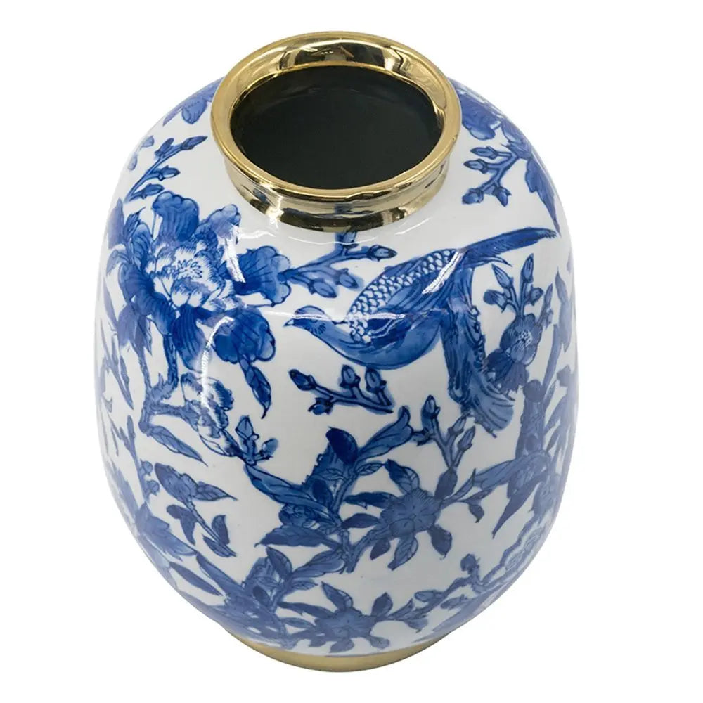 11" Blue White And Gold Chinoiserie Floral Porcelain Table Vase - NOBLE HOME INTERIORS