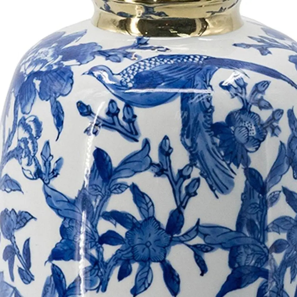 11" Blue White And Gold Chinoiserie Floral Porcelain Table Vase - NOBLE HOME INTERIORS