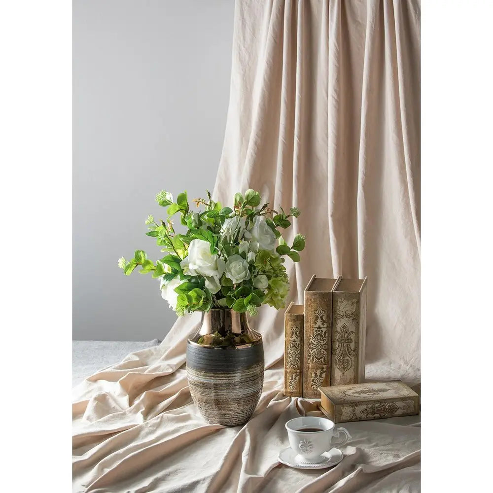 11" Brown and Bronze Striped Round Ceramic Table Vase With Does Not Apply - NOBLE HOME INTERIORS