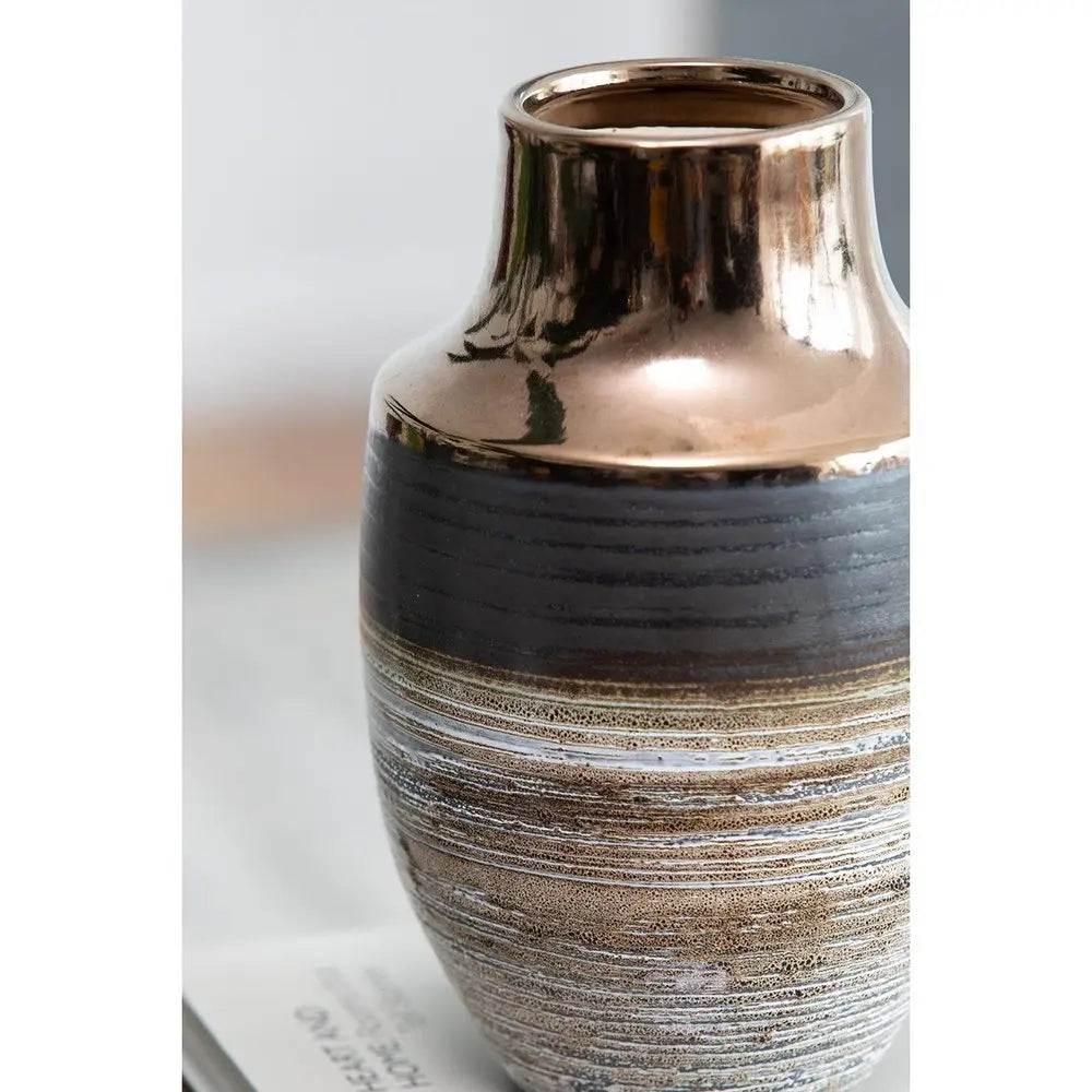 11" Brown and Bronze Striped Round Ceramic Table Vase With Does Not Apply - NOBLE HOME INTERIORS