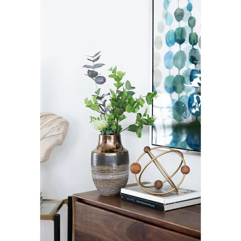 11" Brown and Bronze Striped Round Ceramic Table Vase With Does Not Apply - NOBLE HOME INTERIORS