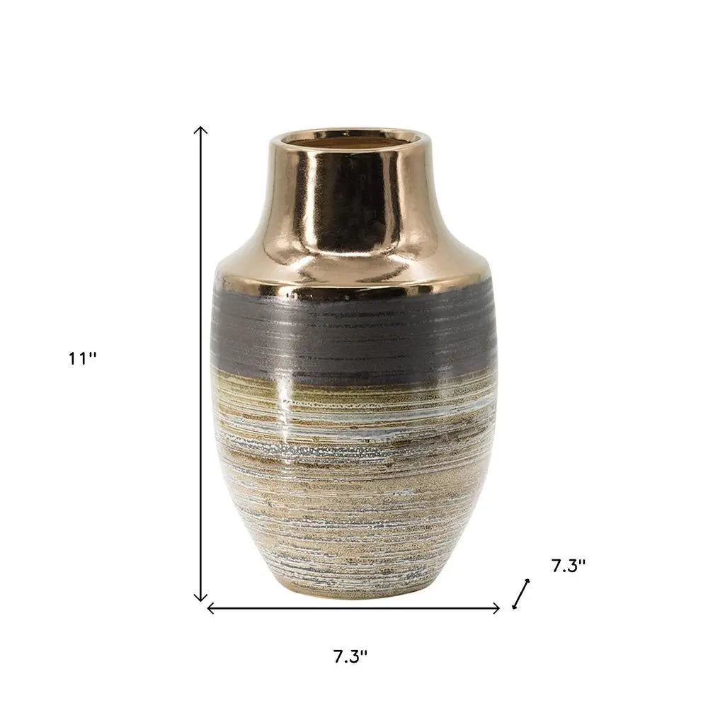 11" Brown and Bronze Striped Round Ceramic Table Vase With Does Not Apply - NOBLE HOME INTERIORS