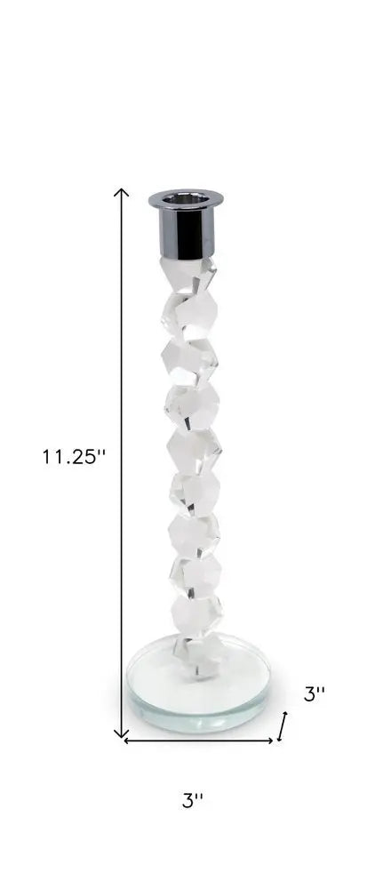 11" Clear And Silver Geo Stacks Crystal Tabletop Taper Candlestick - NOBLE HOME INTERIORS