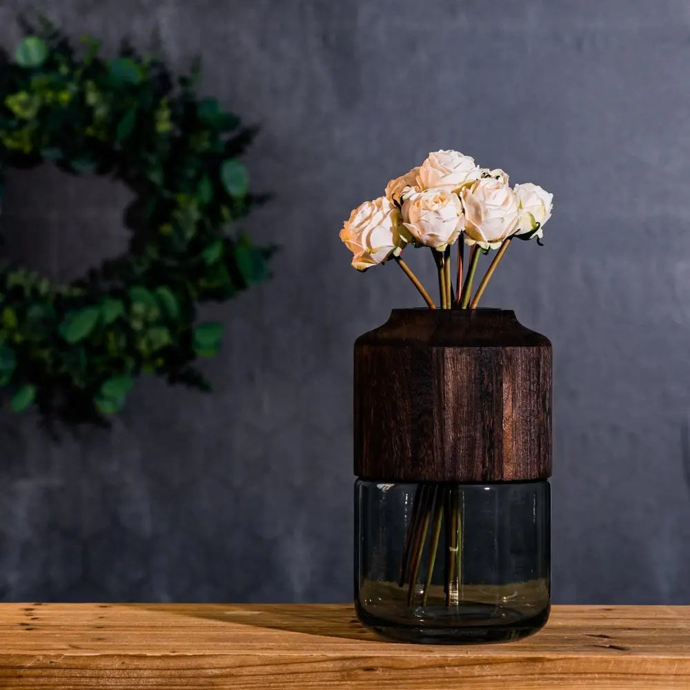 11" Green And Brown Round Glass Table Vase - NOBLE HOME INTERIORS