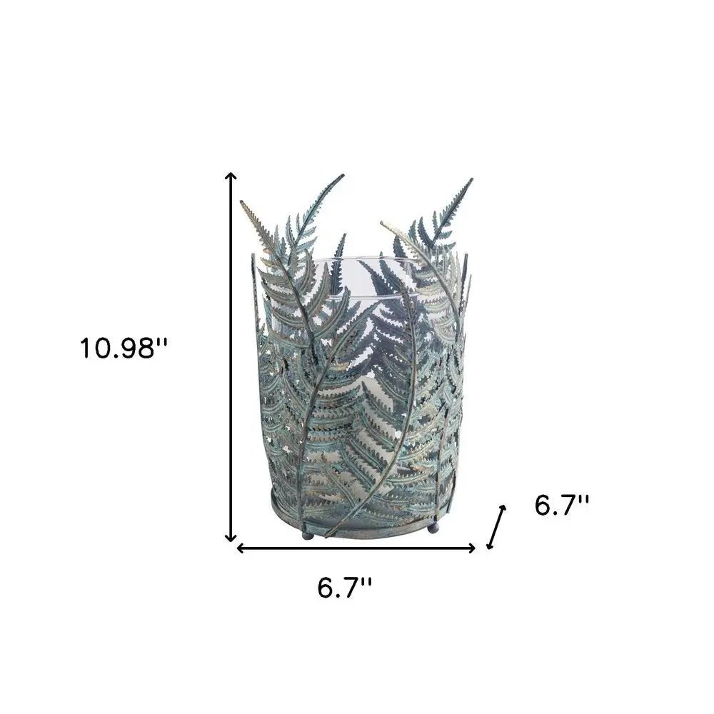 11" Green And Gold Distressed Botanical Leaf Metal Tabletop Hurricane Candle Holder HomeRoots