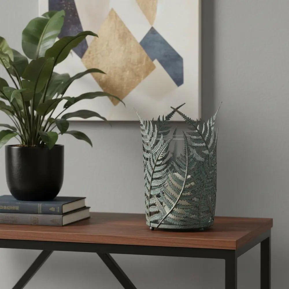 11" Green And Gold Distressed Botanical Leaf Metal Tabletop Hurricane Candle Holder HomeRoots