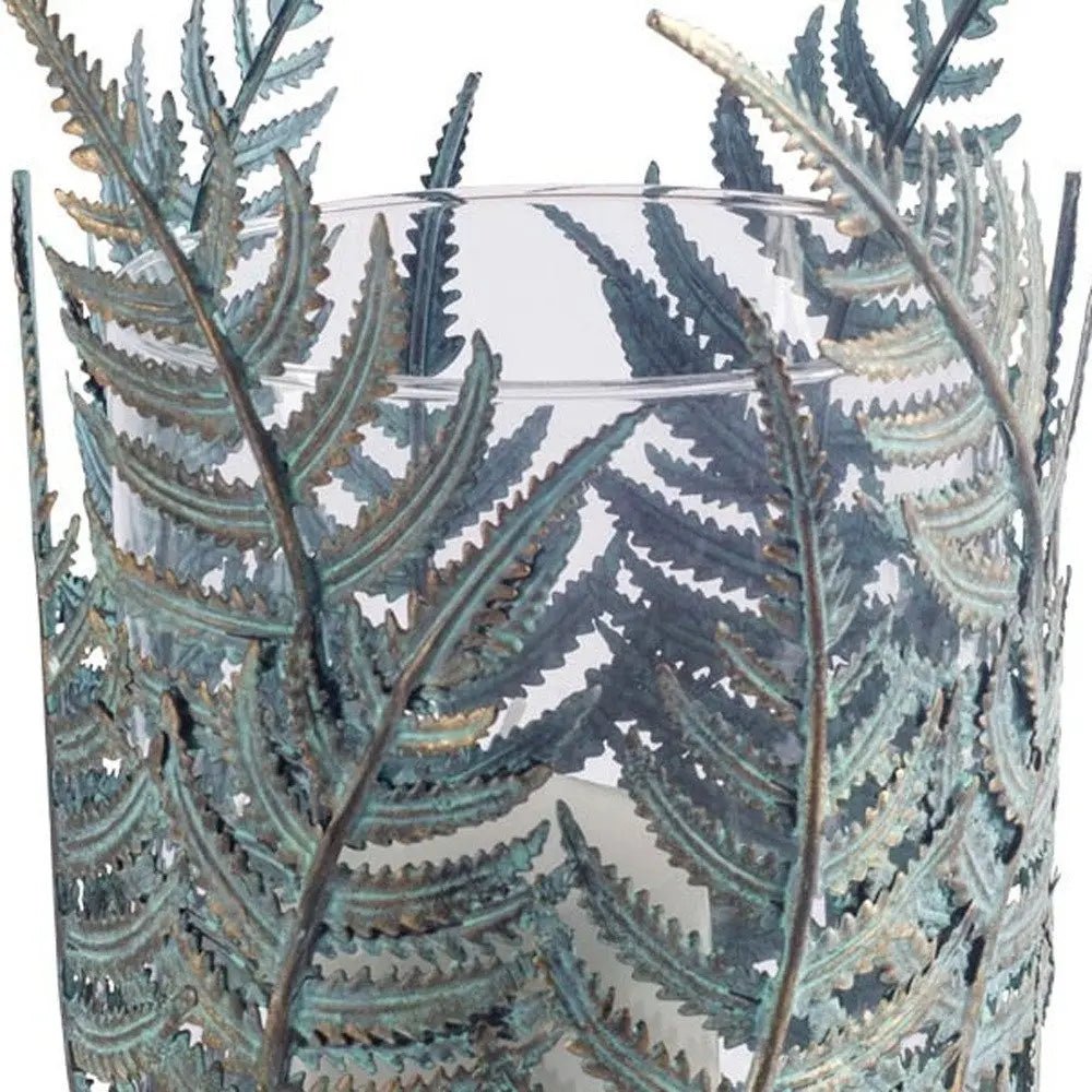 11" Green And Gold Distressed Botanical Leaf Metal Tabletop Hurricane Candle Holder HomeRoots