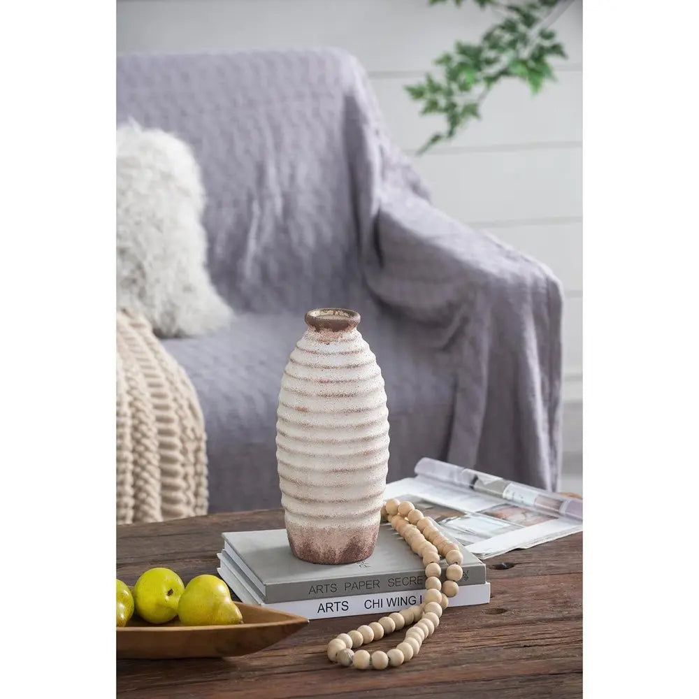 11" Ivory And Brown Round Ceramic Table Vase - NOBLE HOME INTERIORS