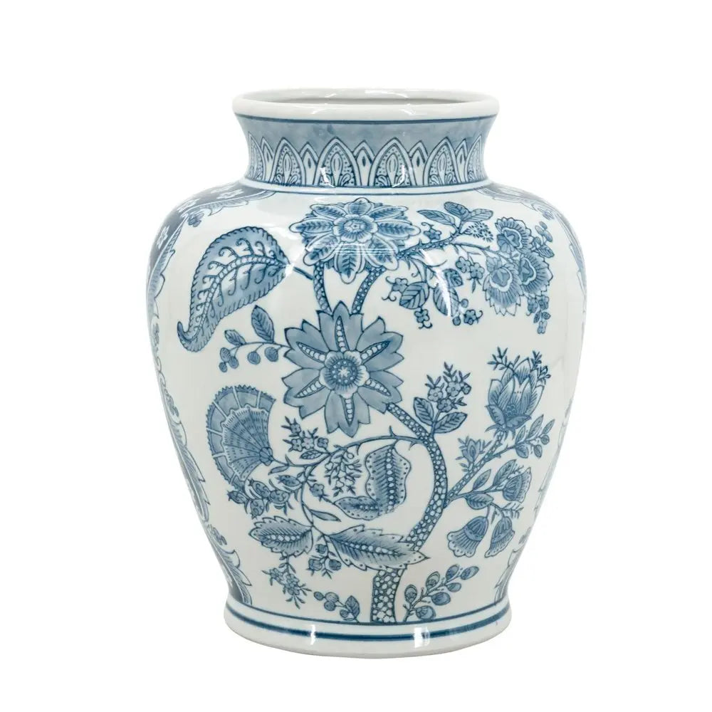 11" Light Blue And White Floral Round Porcelain Jar - NOBLE HOME INTERIORS