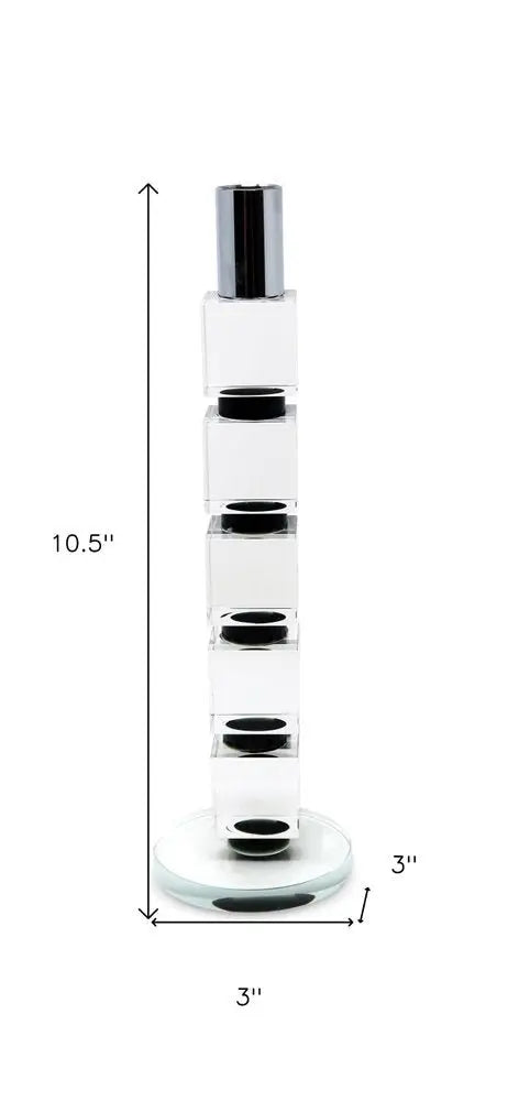 11" Silver Clear And Black Geo Crystal Tabletop Taper Candlestick - NOBLE HOME INTERIORS