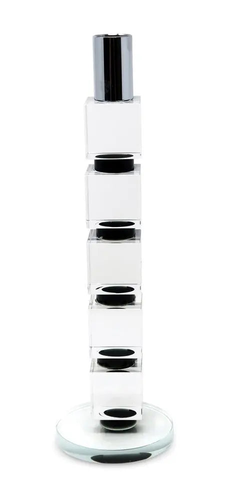 11" Silver Clear And Black Geo Crystal Tabletop Taper Candlestick - NOBLE HOME INTERIORS