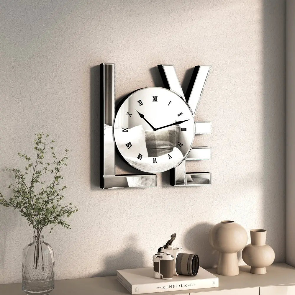 11" Silver Mirrored Glass Love Wall Clock - NOVA HOME FURNITURE