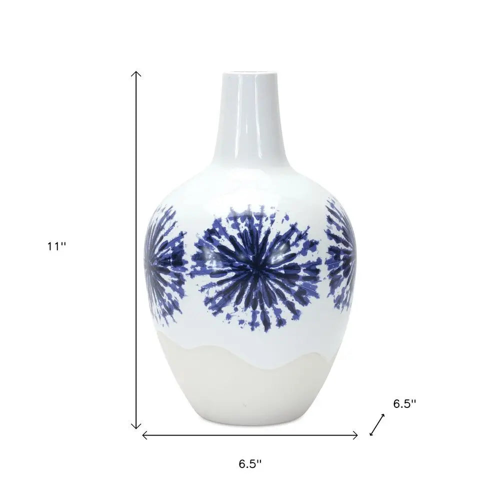 11" White And Blue Round Ceramic Urn - NOBLE HOME INTERIORS