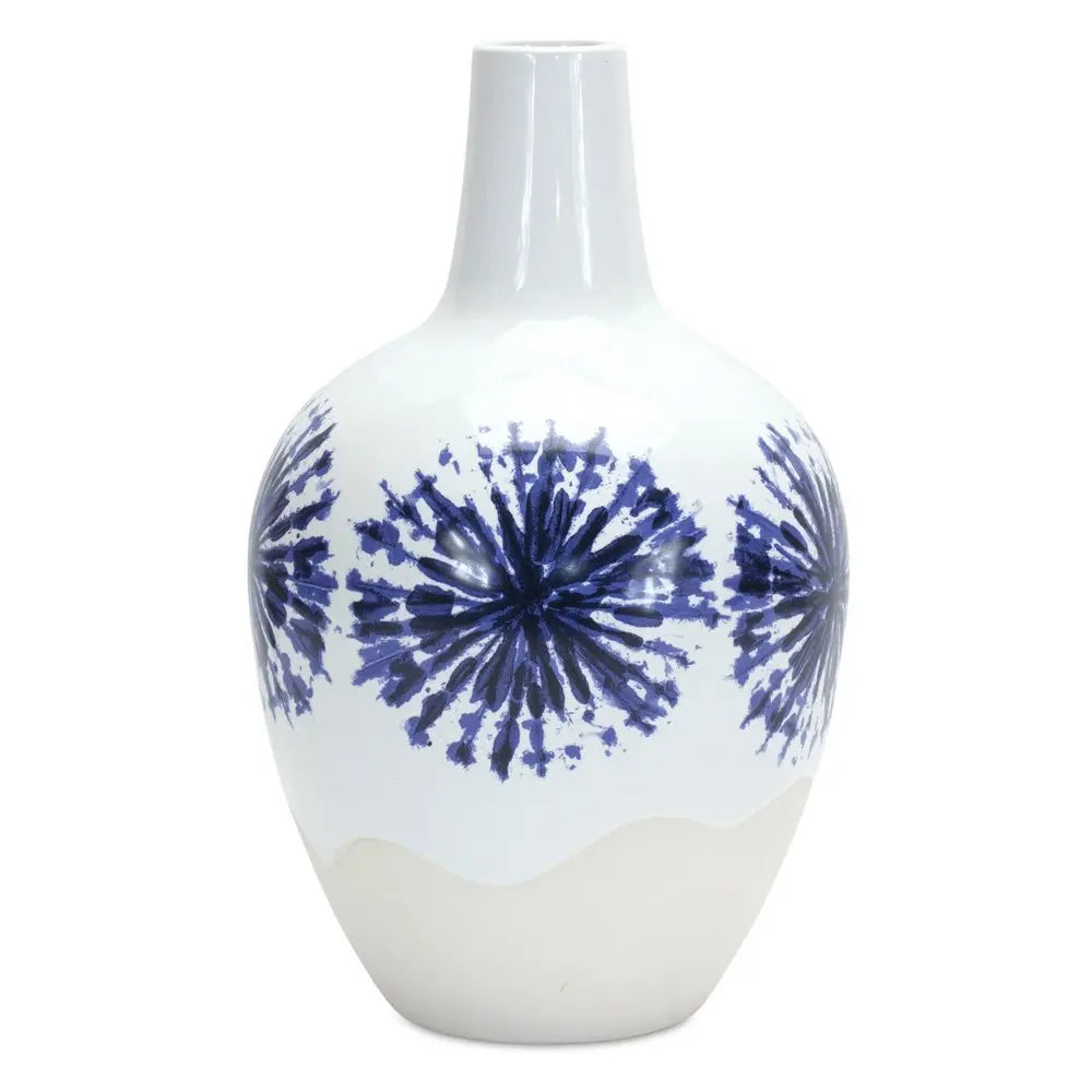 11" White And Blue Round Ceramic Urn - NOBLE HOME INTERIORS