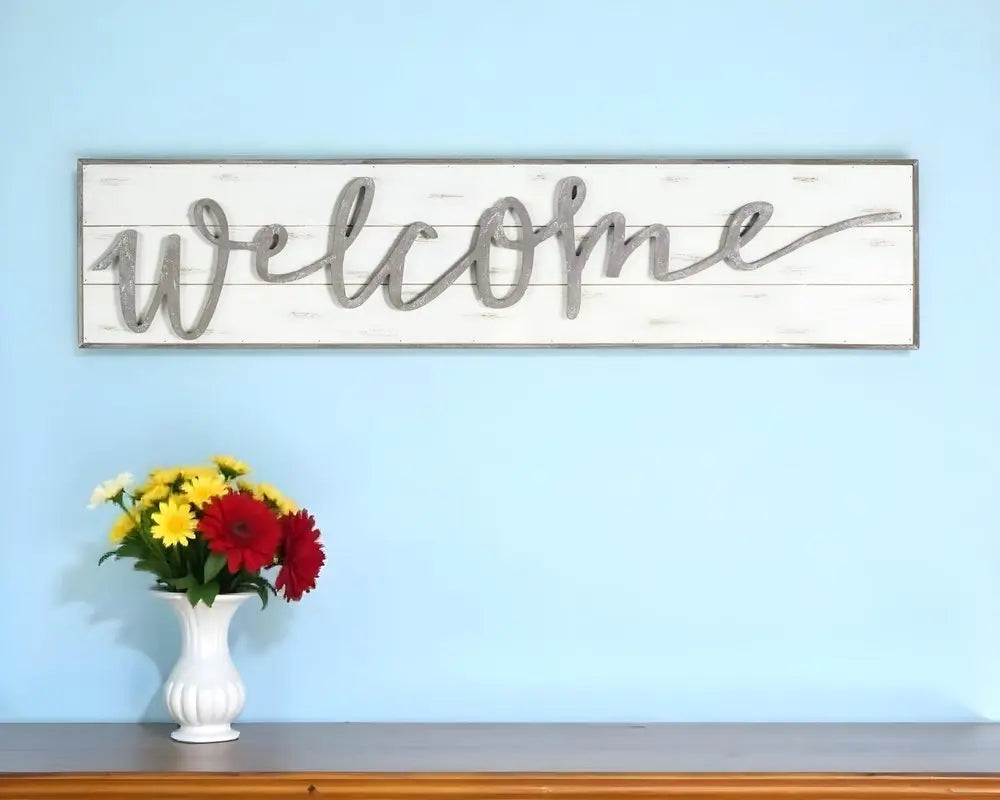 11" X 48" White And Gray Welcome Sign Wood Wall Decor - NOBLE HOME INTERIORS