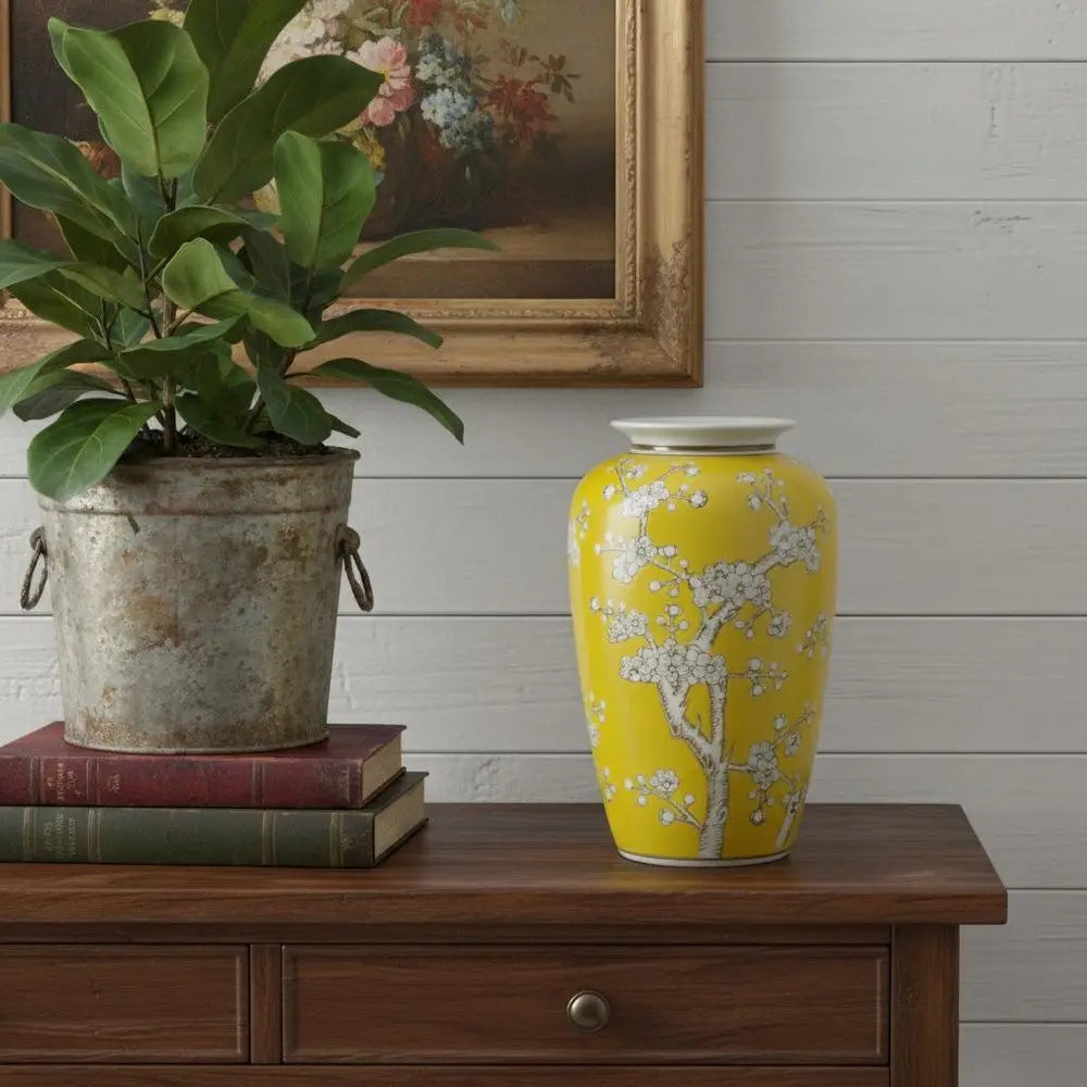 11" Yellow and White Porcelain Floral Round Table Vase - NOBLE HOME INTERIORS