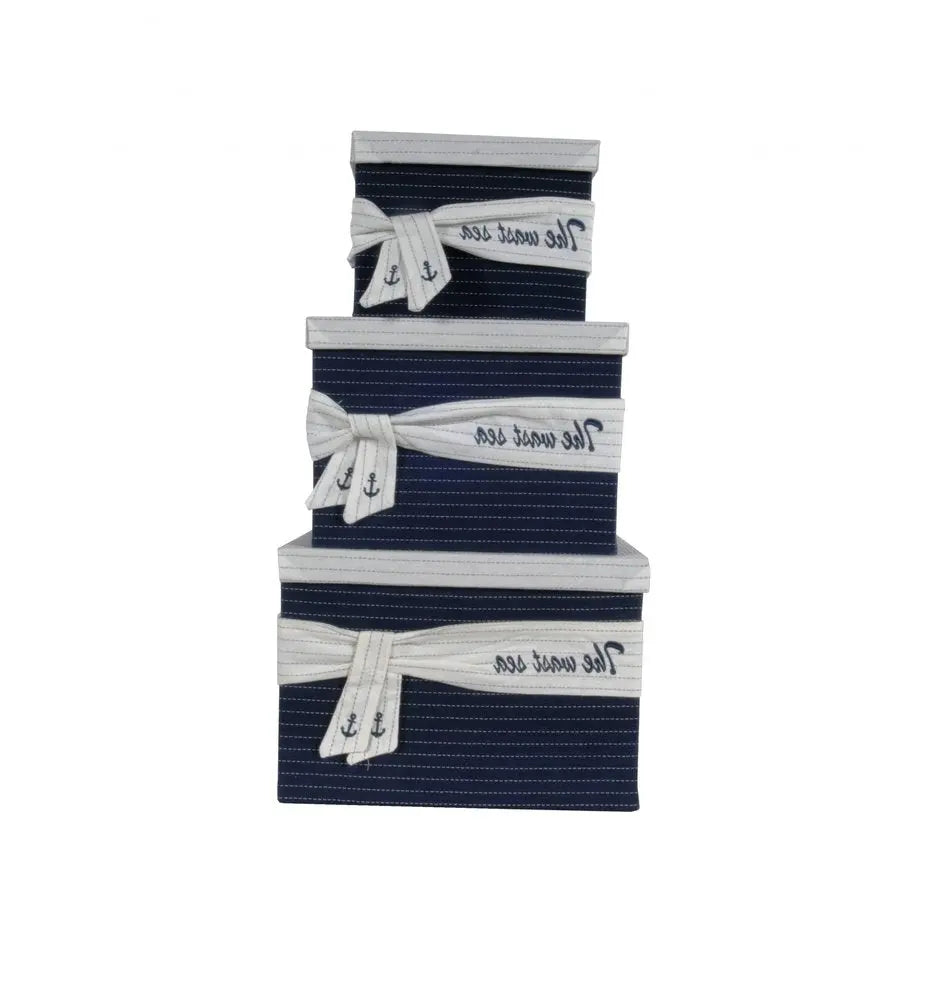 11.5" X 12" X 8.5" White Blue Fabric Boxes With Cover Set Of 3 - NOBLE HOME INTERIORS